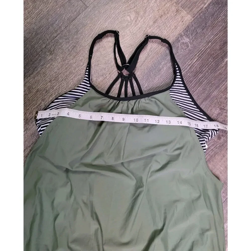 Holipick Size XL Tankini Swimsuit 2 Piece Olive Green Striped Strappy Back NWT - Picture 4 of 8
